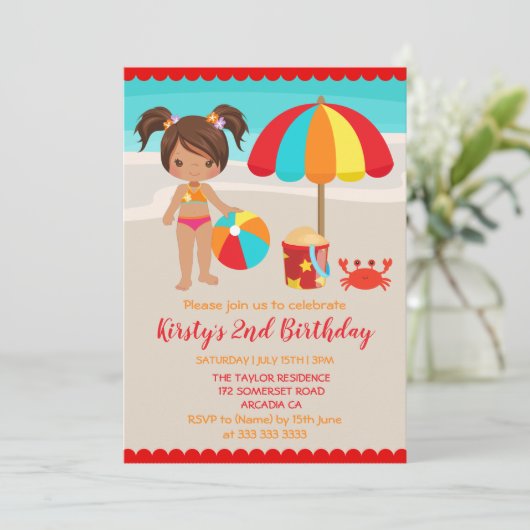 Invitation Fête d'anniversaire de fille de plage d'été mignon (Debout devant)