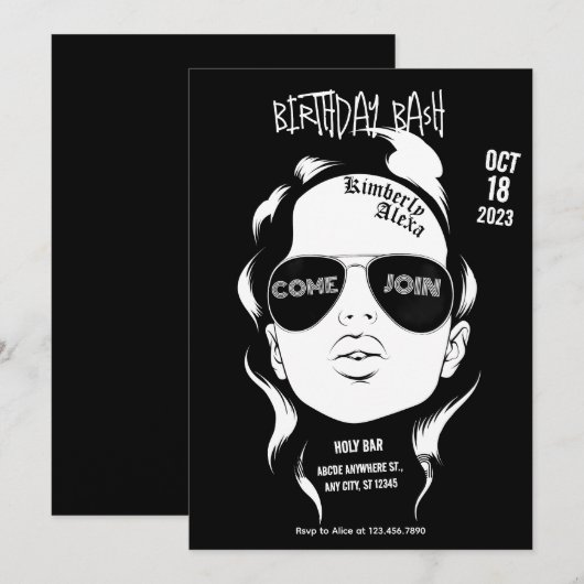 Invitation Fête d'anniversaire de fille gangsta noire rock (Devant / Derrière)