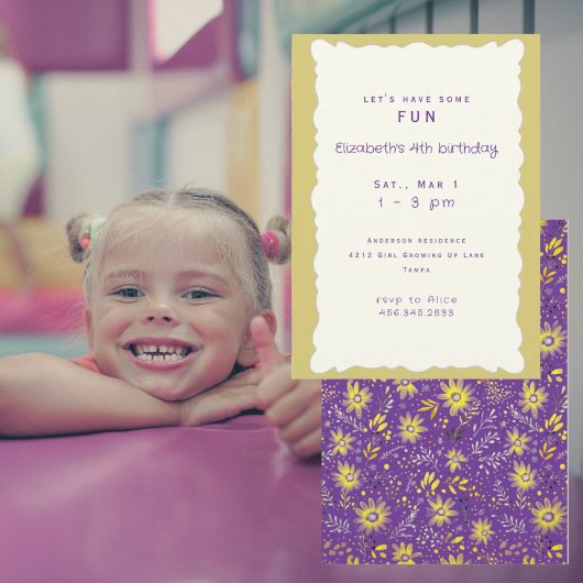 Invitation Fête d'anniversaire de fille jaune et violet