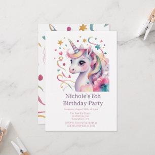 Invitation Fête d'anniversaire de fille licorne aquarelle mag