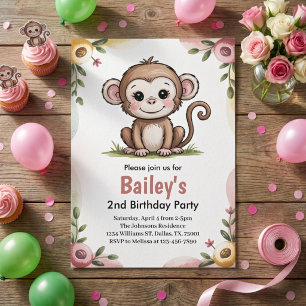 Invitation Fête d'anniversaire de fille mignonne singe jungle