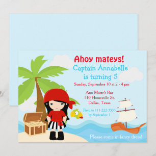Invitation Fête d'anniversaire de fille pirate aux cheveux no