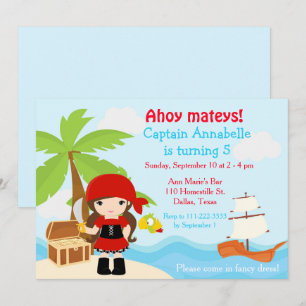 Invitation Fête d'anniversaire de fille pirate brunette migno