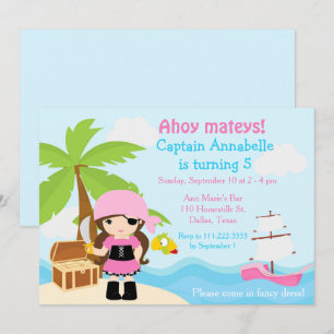 Invitation Fête d'anniversaire de fille pirate brunette migno