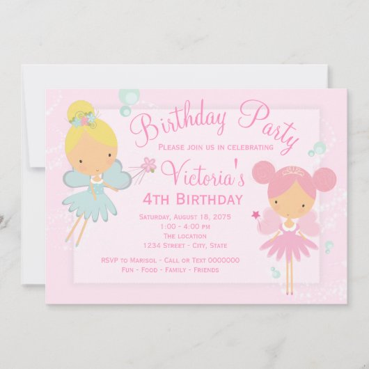 Invitation Fête d'anniversaire de fille princesse fée rose sa (Devant)