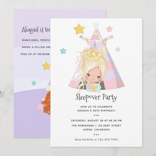 Invitation Fête d'anniversaire de fille pyjama (Devant / Derrière)