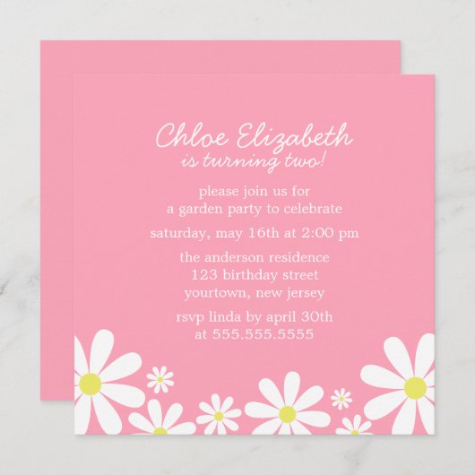 Invitation Fête d'anniversaire de fille rose (Devant / Derrière)