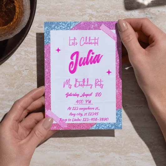 Invitation Fête d'anniversaire de fille rose, blanche et Part