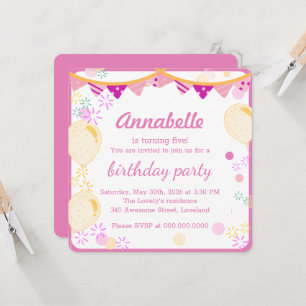 Invitation Fête d'anniversaire de fille rose colorée et festi