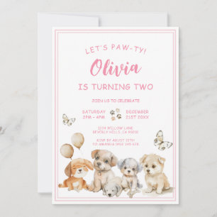 Invitation Fête d'anniversaire de fille rose pour chiot migno