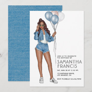 Invitation Fête d'anniversaire de fille sur le thème du denim