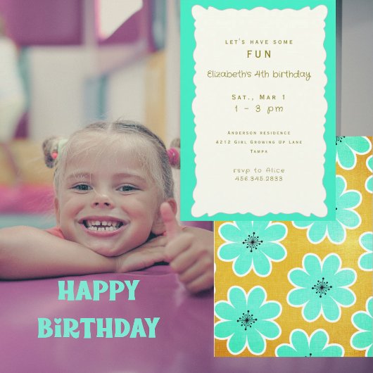 Invitation Fête d'anniversaire de fille turquoise florale