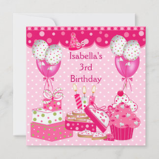 Invitation Fête d'anniversaire de filles 3 ans Gâteau rose ta