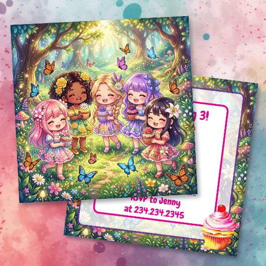 Invitation Fête d'anniversaire de filles Chibi diverses avec
