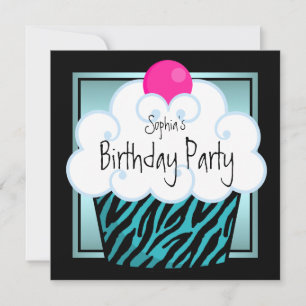 Invitation Fête d'anniversaire de filles Cupcake Zèbre Bleu s