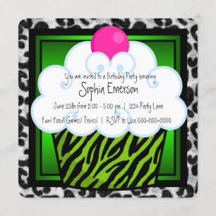 Invitation Fête d'anniversaire de filles Cupcake Zèbre Vert C