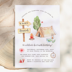 Invitation Fête d'anniversaire de filles de camping d'été à l