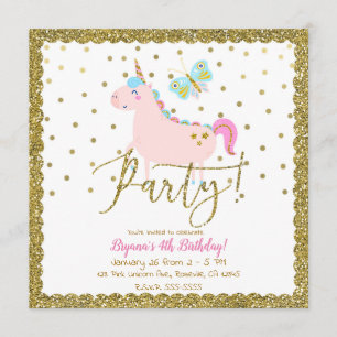 Invitation Fête d'anniversaire de filles Licorne Pailletée Ro