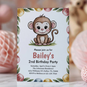 Invitation Fête d'anniversaire de filles mignonne singe jungl