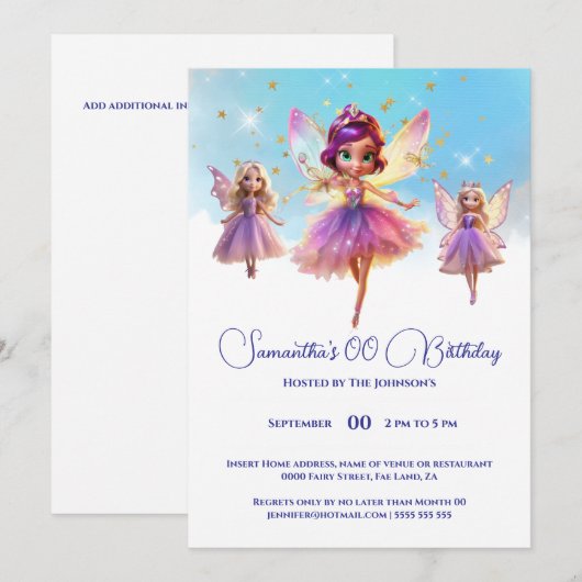 Invitation Fête d'anniversaire de filles princesse fée (Devant / Derrière)