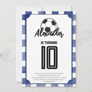 Invitation Fête d'anniversaire de football à carreaux bleus