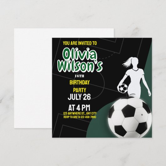 Invitation Fête d'anniversaire de football, joueuse de footba (Devant / Derrière)