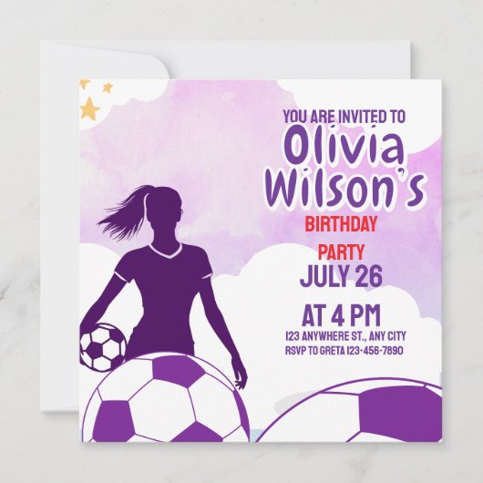 Invitation Fête d'anniversaire de football, joueuse de footba (Devant)