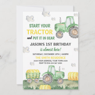Invitation Fête d'anniversaire de garçon avec tracteur vert