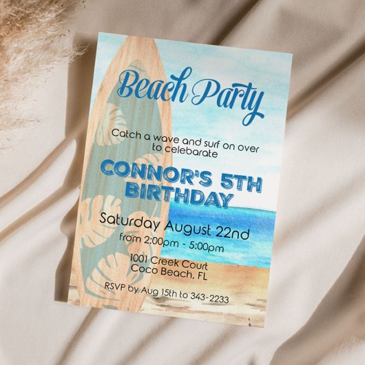 Invitation Fête d'anniversaire de garçon de plage de surf