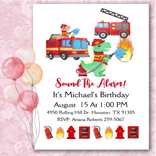 Invitation Fête d'anniversaire de garçon Dinosaure Pompier