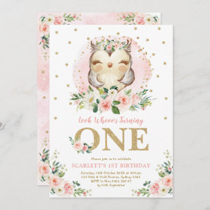 Invitation Fête d'anniversaire de Girl Owl Blush Pink Floral