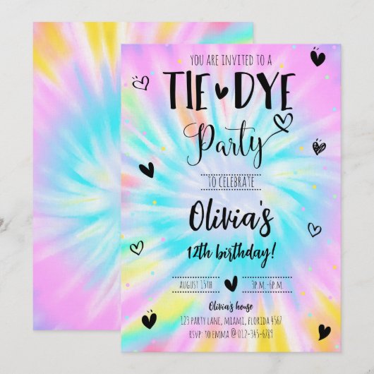Invitation Fête d'anniversaire de Girl Tie Dye (Devant / Derrière)