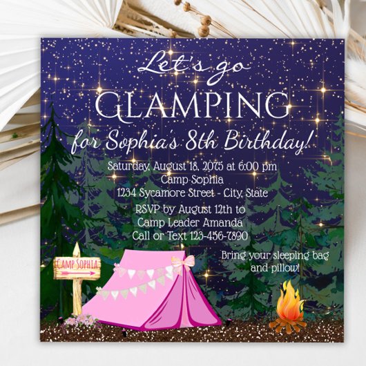 Invitation Fête d'anniversaire de glamping pour filles