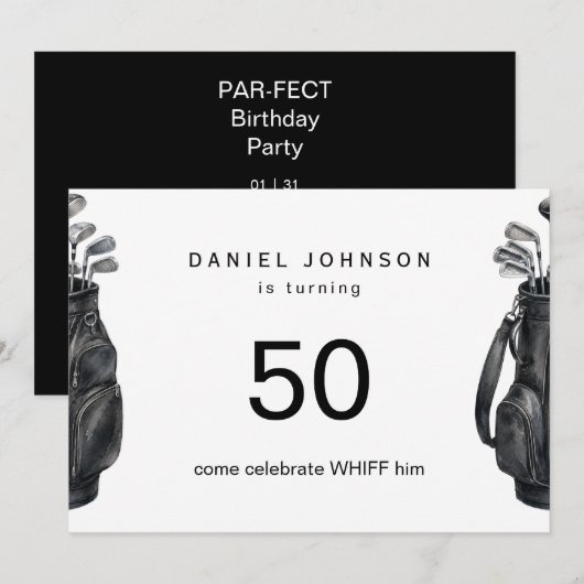 Invitation Fête d'anniversaire de golf noir drôle (Devant / Derrière)