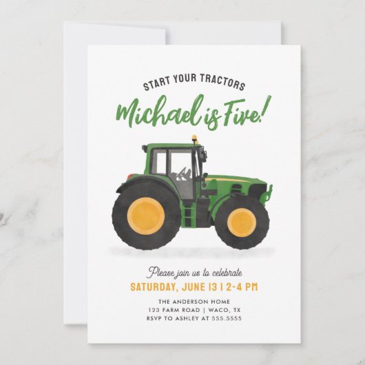 Invitation Fête d'anniversaire de Green Tractor (Devant)