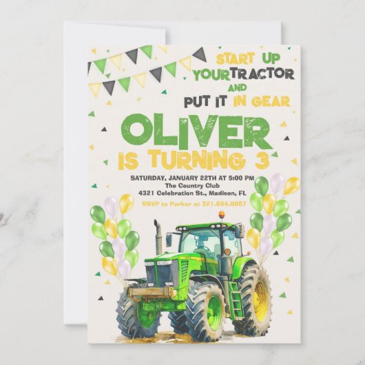 Invitation Fête d'anniversaire de Green Tractor (Devant)