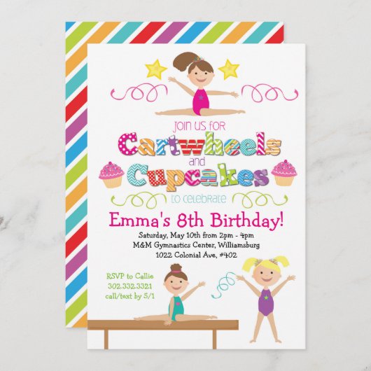 Invitation Fête d'anniversaire de gymnastique de roues et de (Devant / Derrière)