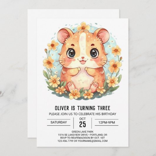 Invitation Fête d'anniversaire de Hamster (Devant / Derrière)