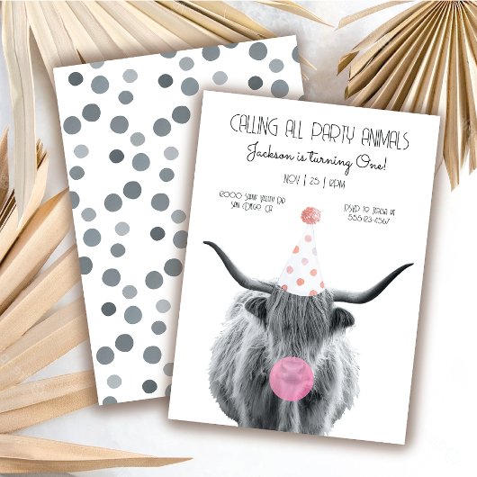 Invitation Fête d'anniversaire de Highland Cow noir et blanc