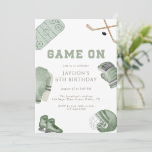 Invitation Fête d'anniversaire de hockey Game On Vert Sauge S
