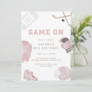 Invitation Fête d'anniversaire de hockey rose pour filles de