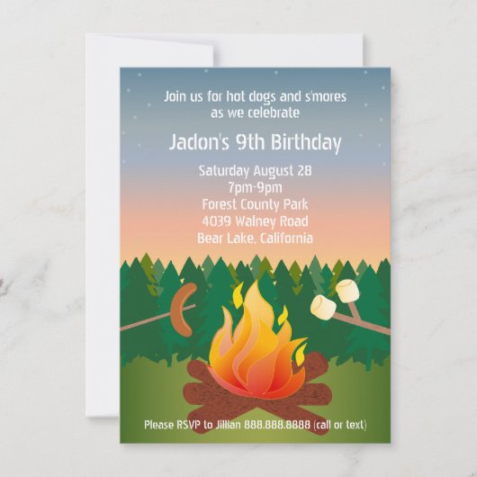 Invitation Fête d'anniversaire de Hot Dogs and Smores Campfir (Devant)