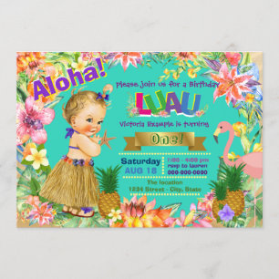 Invitation Fête d'anniversaire de Hula Girl Flamant rose Hawa