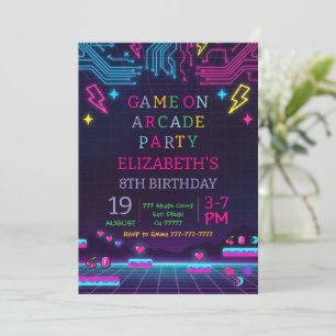 Invitation Fête d'anniversaire de jeu de arcade rétro Neon Gl