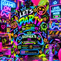 Fête d'anniversaire de jeu vidéo avec graffiti néo