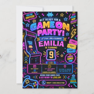 Invitation Fête d'anniversaire de jeu vidéo Neon Arcade