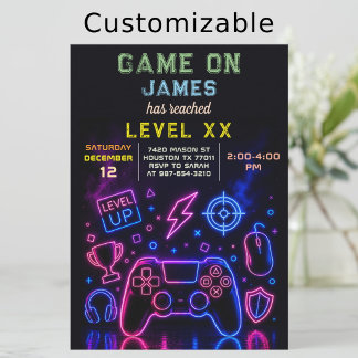 Invitation Fête d'anniversaire de jeu vidéo néon Game On Nive