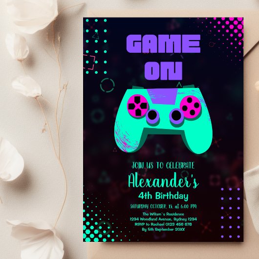 Invitation Fête d'anniversaire de jeu vidéo néon jeu activé n