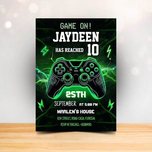 Invitation Fête d'anniversaire de jeu vidéo vert
