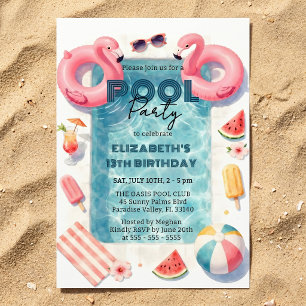 Invitation Fête d'anniversaire de jeunes filles au thème flam